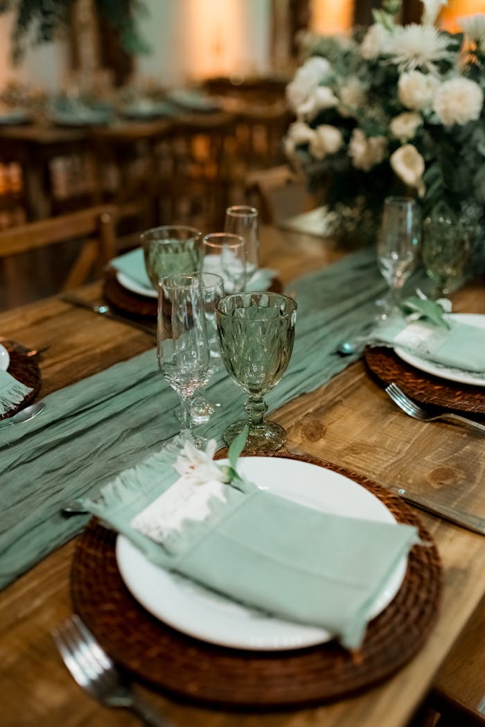 Elegant Rustic Table Setting with Green Accents