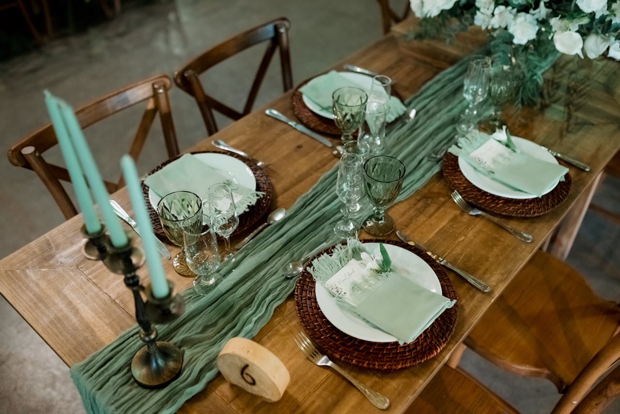 Elegant Rustic Table Setting with Green Accents